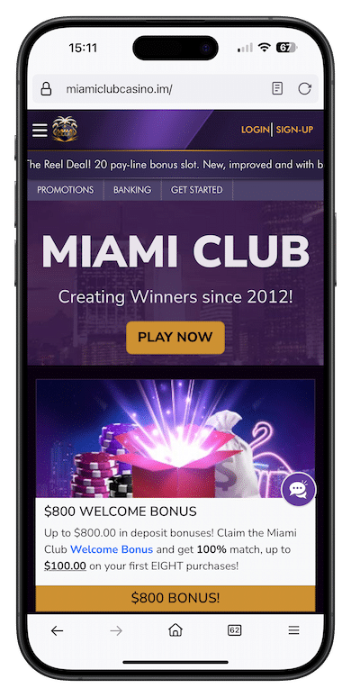 Miami Club Casino mobile homepage