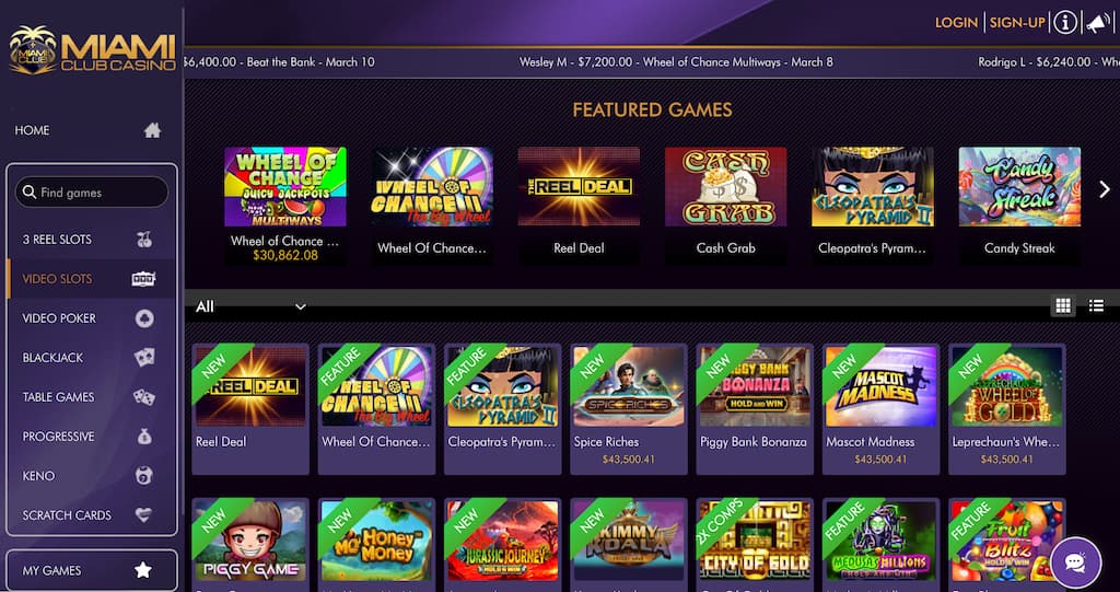 Miami Club Casino games library