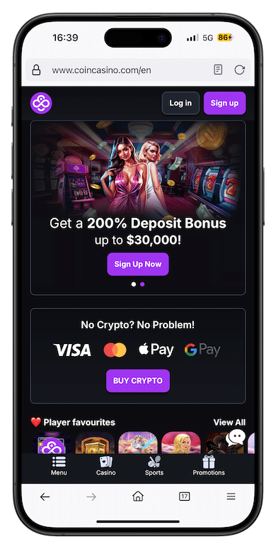 CoinCasino mobile homepage